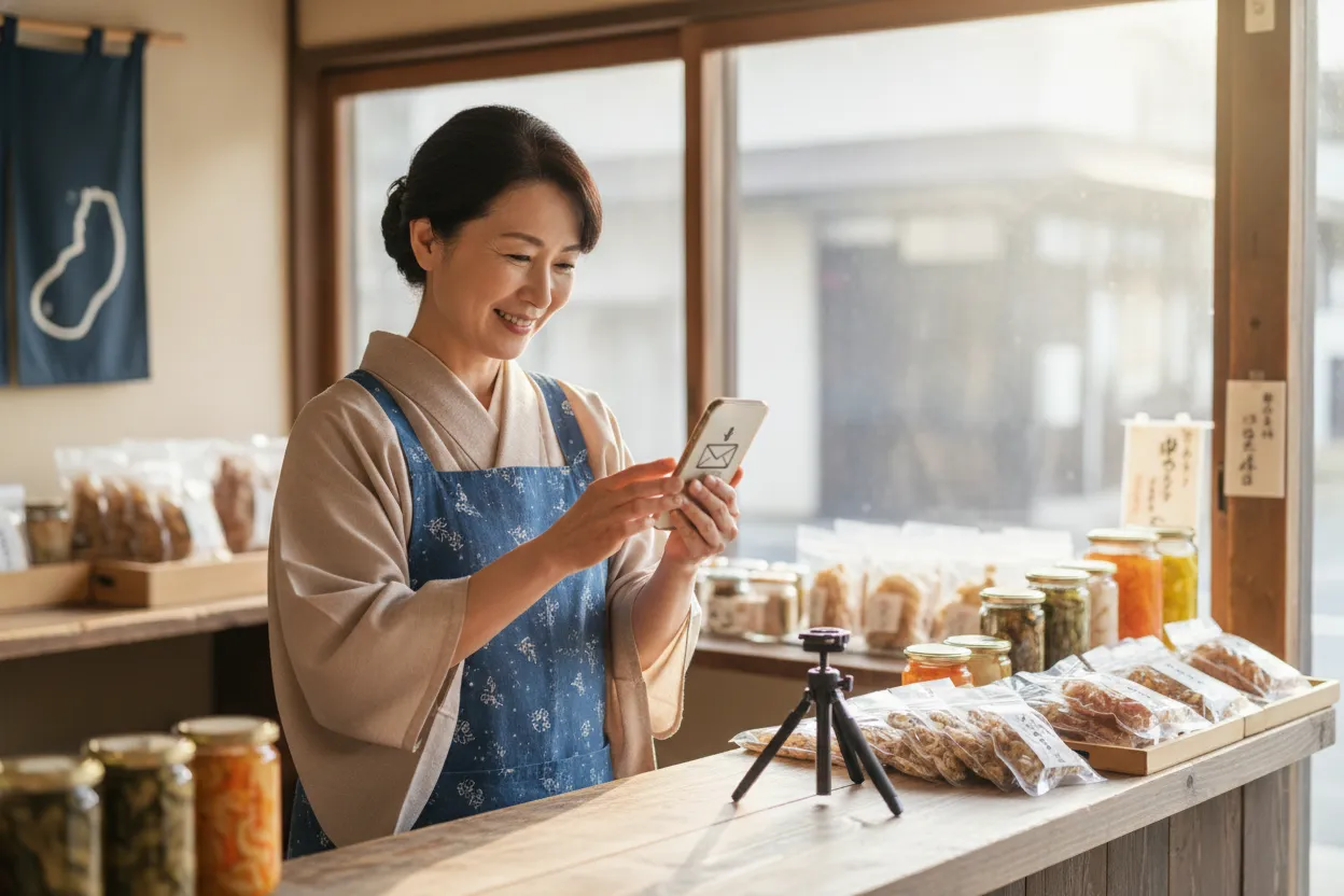 店のカウンターで、スマホに届いた注文を見て笑顔になる女性