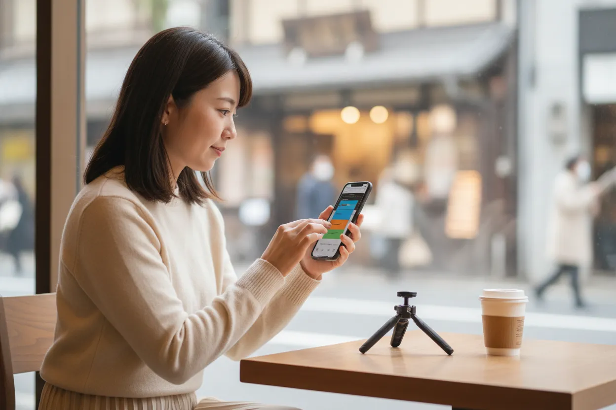 カフェの窓際で、スマホの動画編集アプリを操作する女性