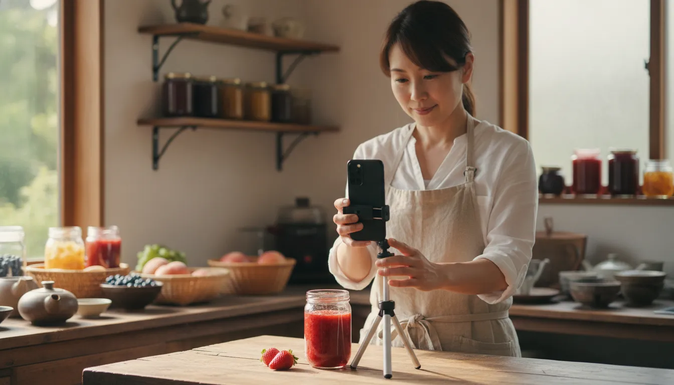 自分の店のキッチンで、スマホと小さな三脚を使ってジャムを撮影する女性