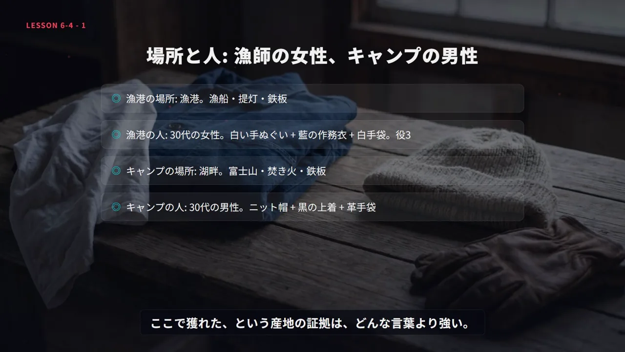 レッスン6-4の画面。漁港とキャンプの場所と人の決め方