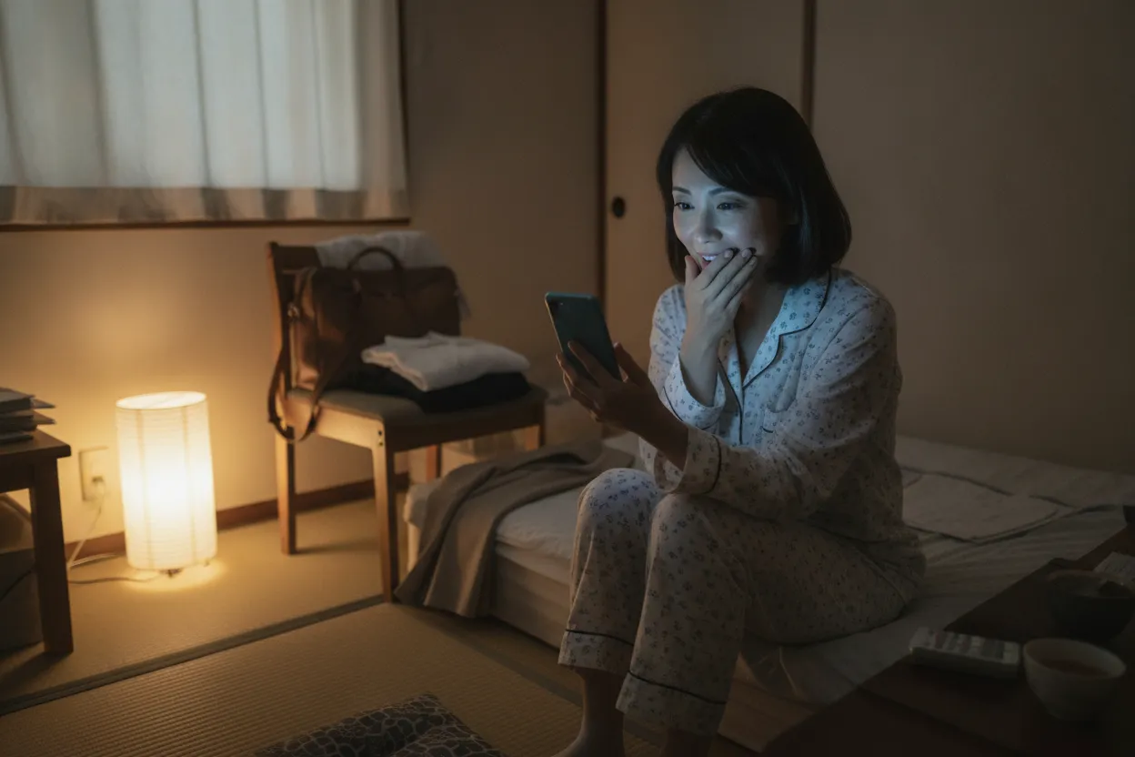 夜遅く、ベッドの端でスマホを見て思わず笑う女性