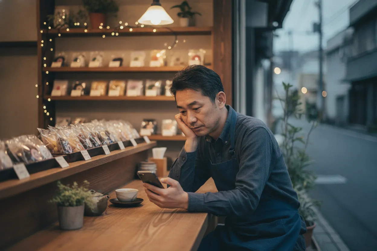 閉店後の店のカウンターで、スマホを見ながら考え込む男性