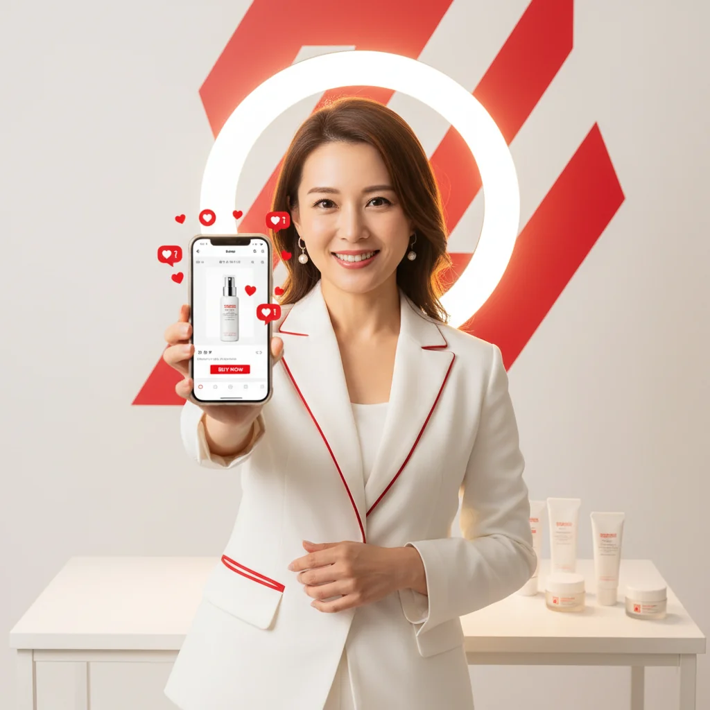 スマートフォンの前で商品を紹介するライブコマーサー